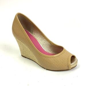 Lilly Pulitzer Sz 6 Leather Espadrille Wedge Peep Toe Sandals Tan Perforated